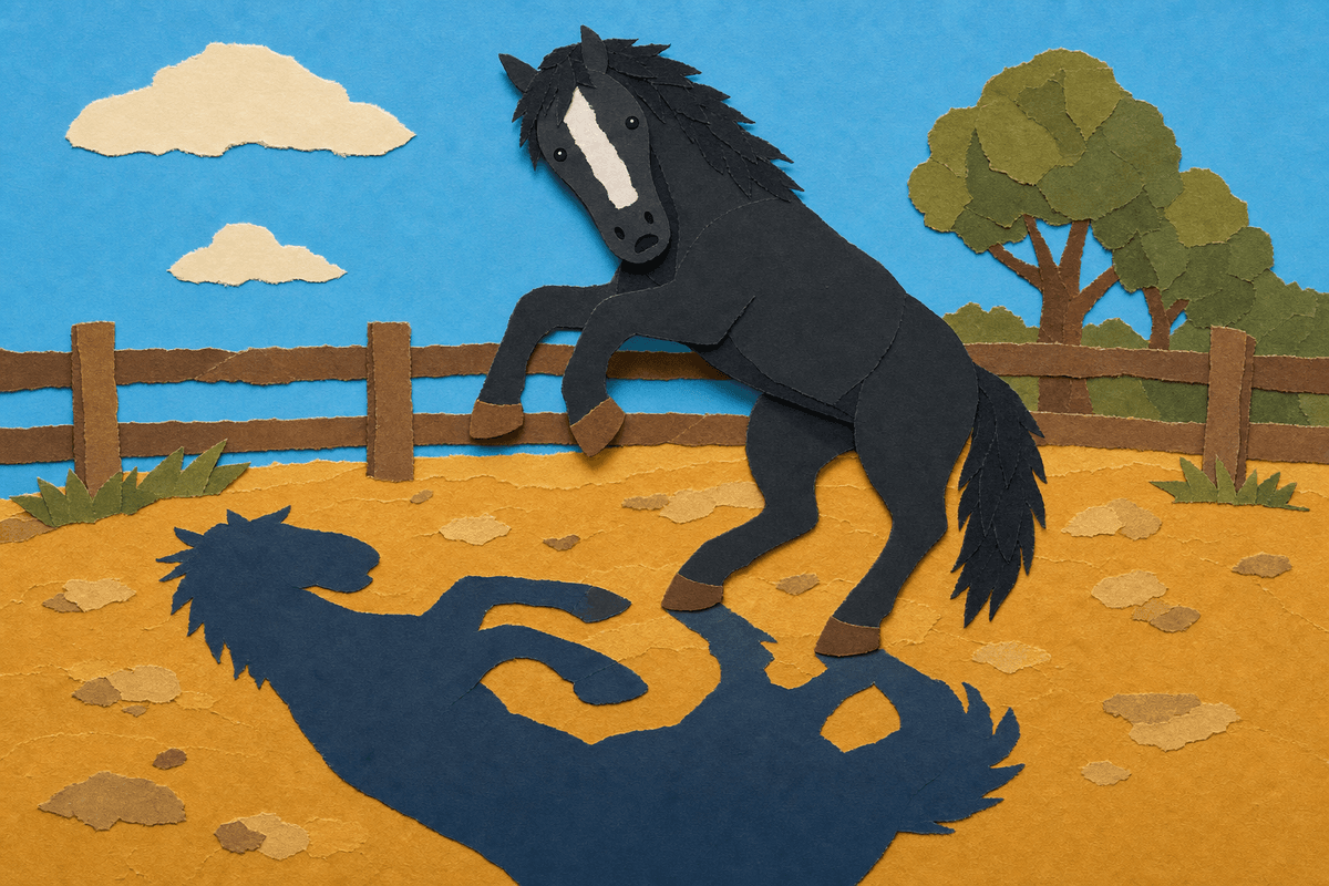A rearing black horse and its own shadow, in full-color cut-paper collage