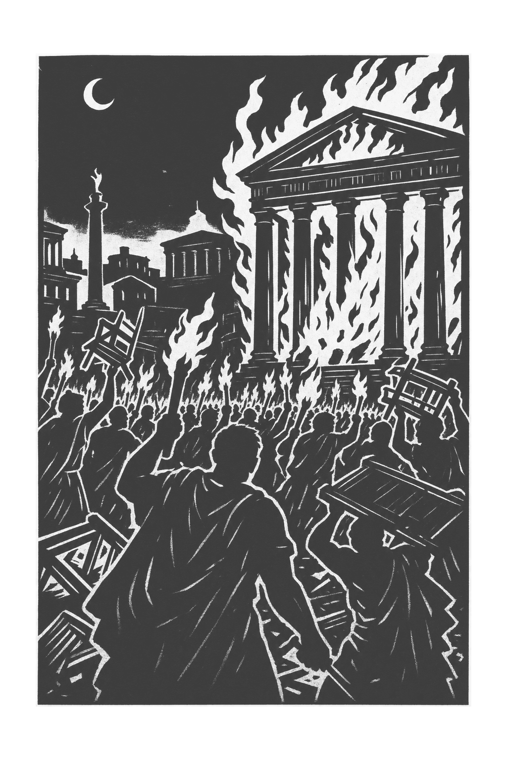 The crowd burning the Senate house at Caesar's funeral, in dramatic black-and-white woodcut