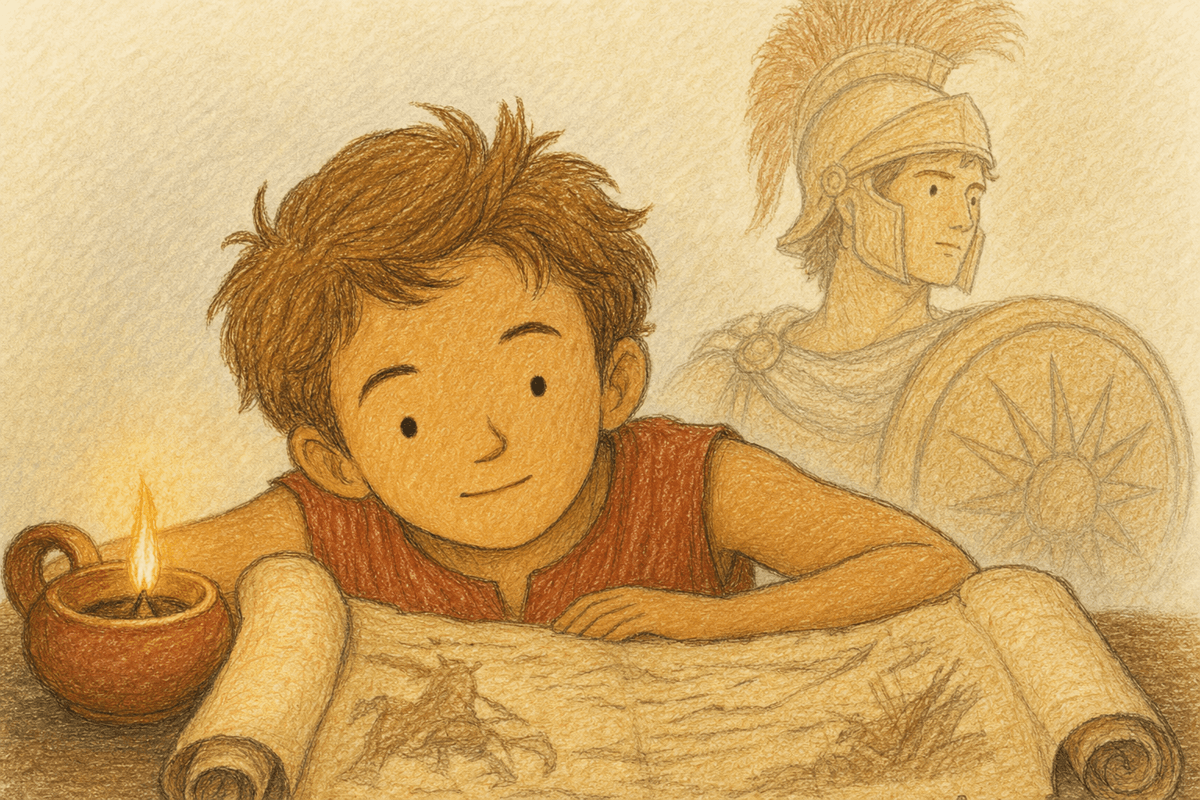 Young Alexander beside the ghostly figure of the hero Achilles, in soft crayon