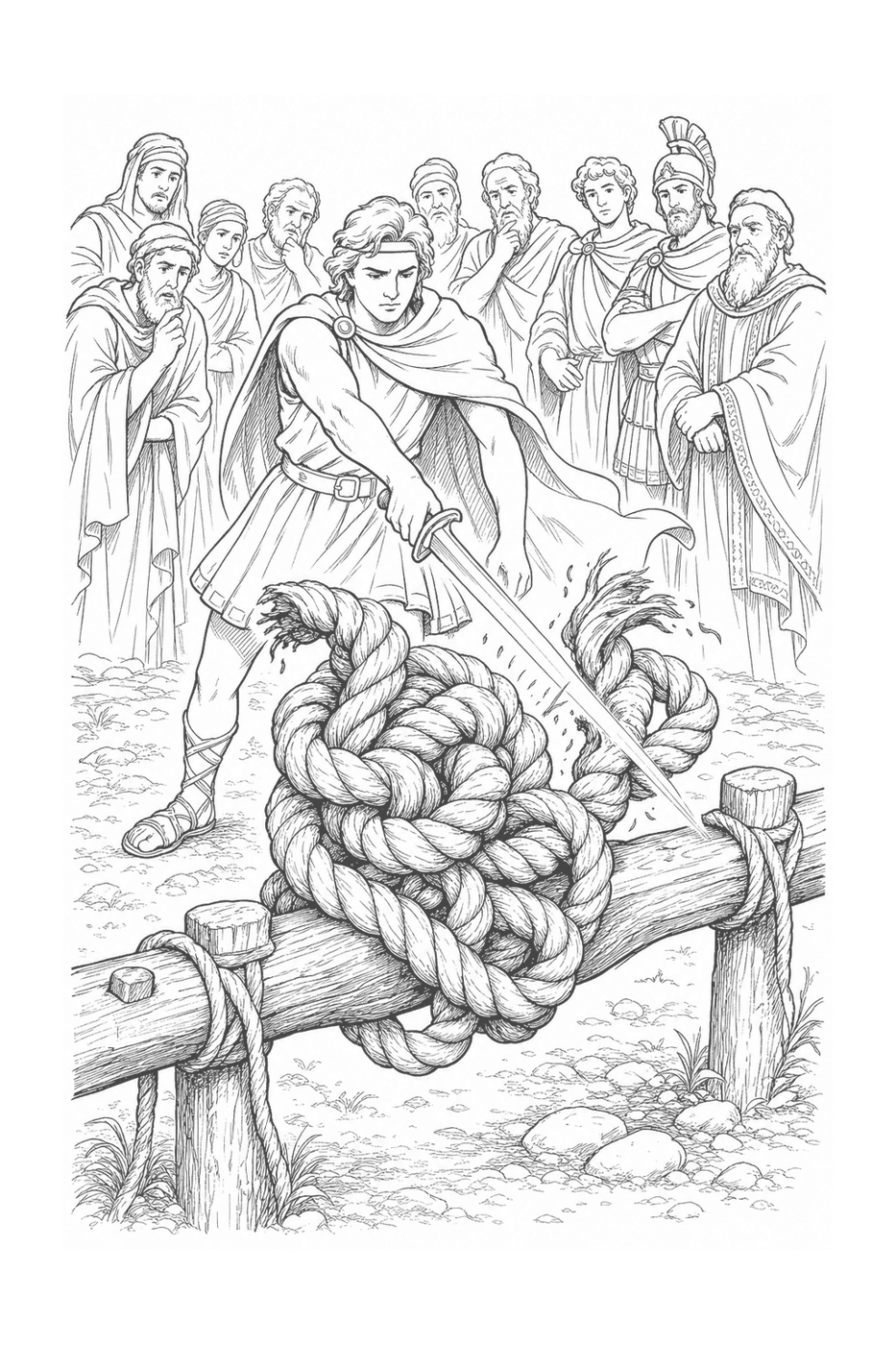 Alexander slicing through the Gordian knot with a single sword-stroke, in black-and-white line art