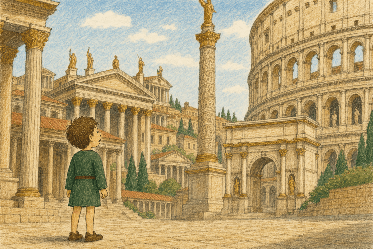 A small boy gazing up at the golden monuments of Rome, in soft crayon