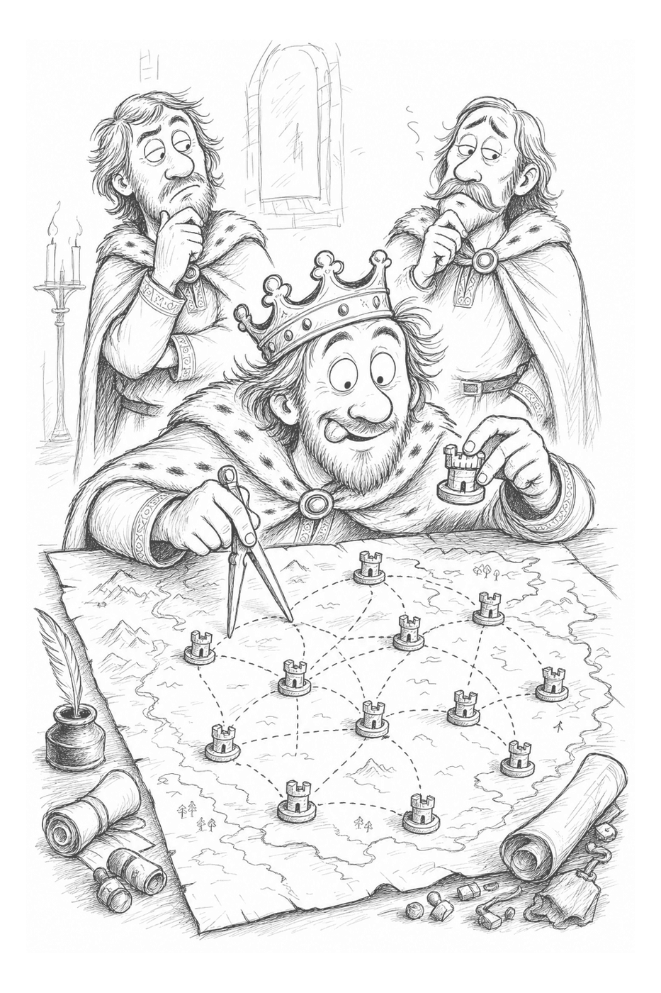 King Alfred gleefully placing carved fort-tokens across a map of Wessex with compass-dividers, in black-and-white caricature