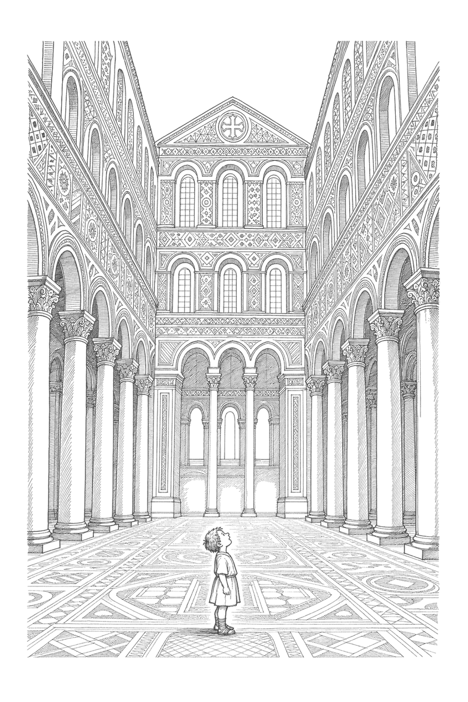 A small boy dwarfed inside a vast cathedral of soaring arches, in black-and-white line art