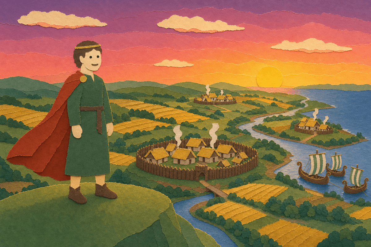 King Alfred on a hilltop at sunset overlooking the walled town, river and ships he rebuilt, in cut-paper collage