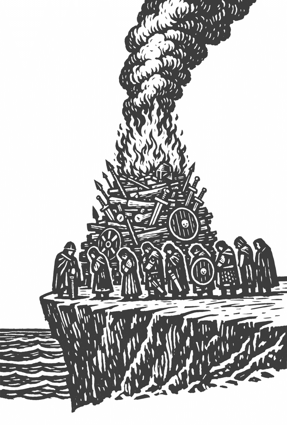 Beowulf's funeral pyre burning on the sea-cliffs with mourners gathered, in black-and-white woodcut-style line art