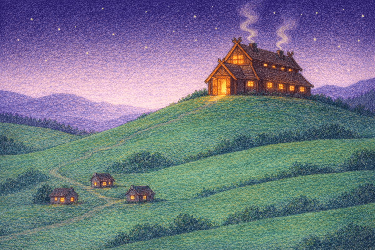 The golden mead-hall Heorot glowing on a hill at dusk, in soft crayon