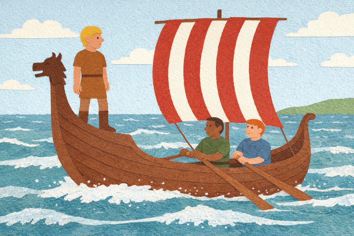 Beowulf standing at the prow of his longship crossing the sea, in cut-paper collage