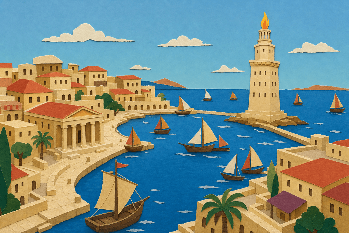 Little Cleopatra welcoming ships into the harbor of Alexandria beneath the lit lighthouse, in cut-paper collage