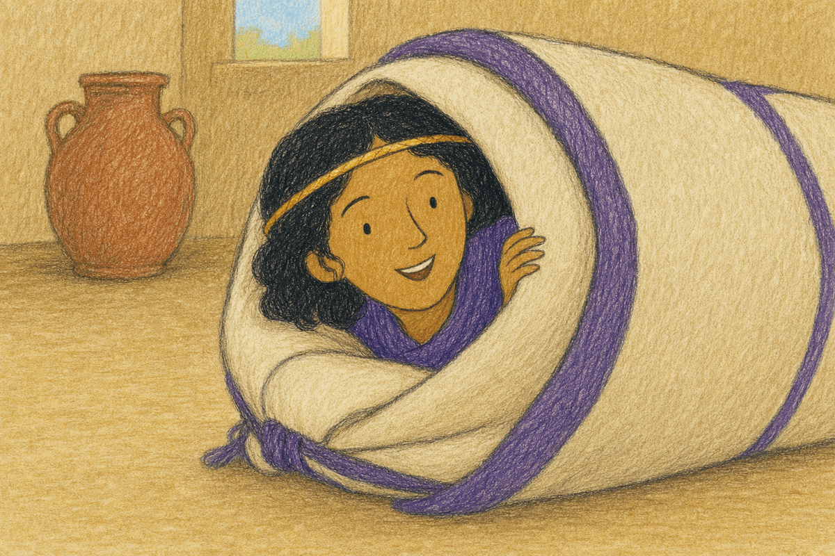 Cleopatra curled inside a roll of cream bedding tied with purple cord, in soft crayon