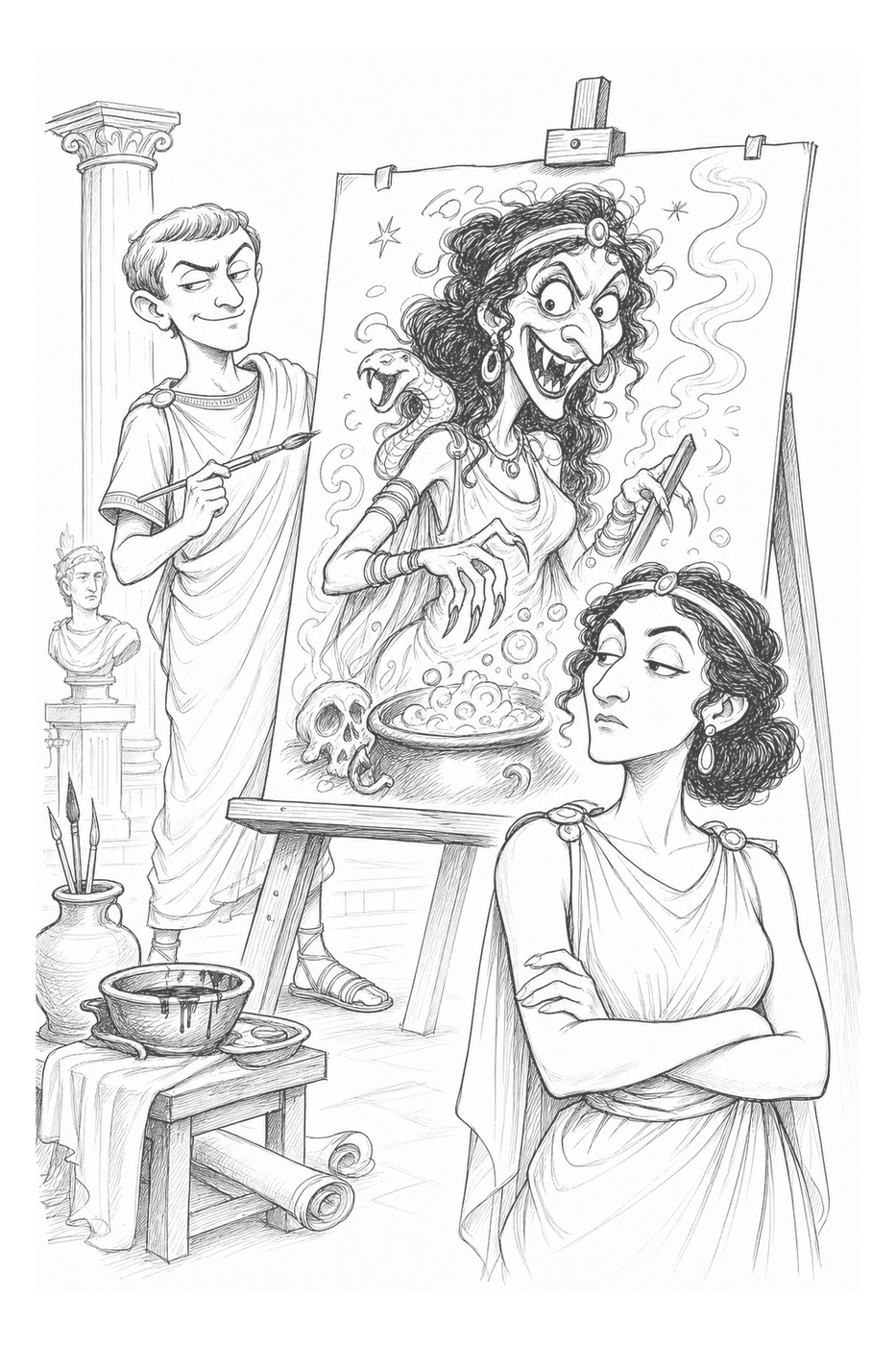 A Roman propaganda painter inventing a villainous Cleopatra on his easel while the real queen looks on, unimpressed, in black-and-white caricature