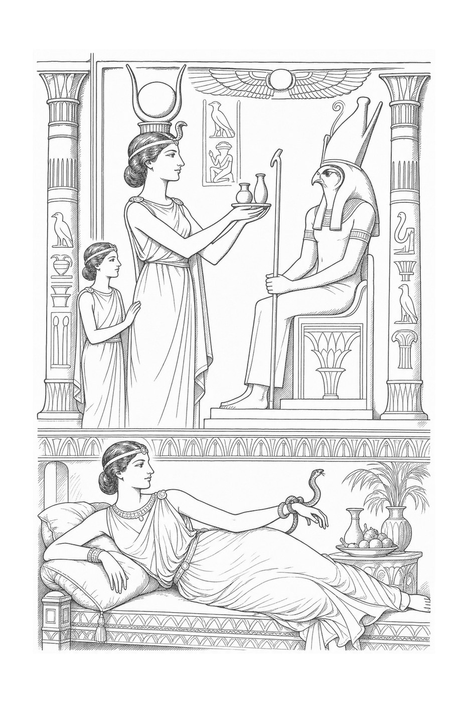 Two portraits of Cleopatra, a reclining legend below and a crowned pharaoh at work above, in black-and-white line art