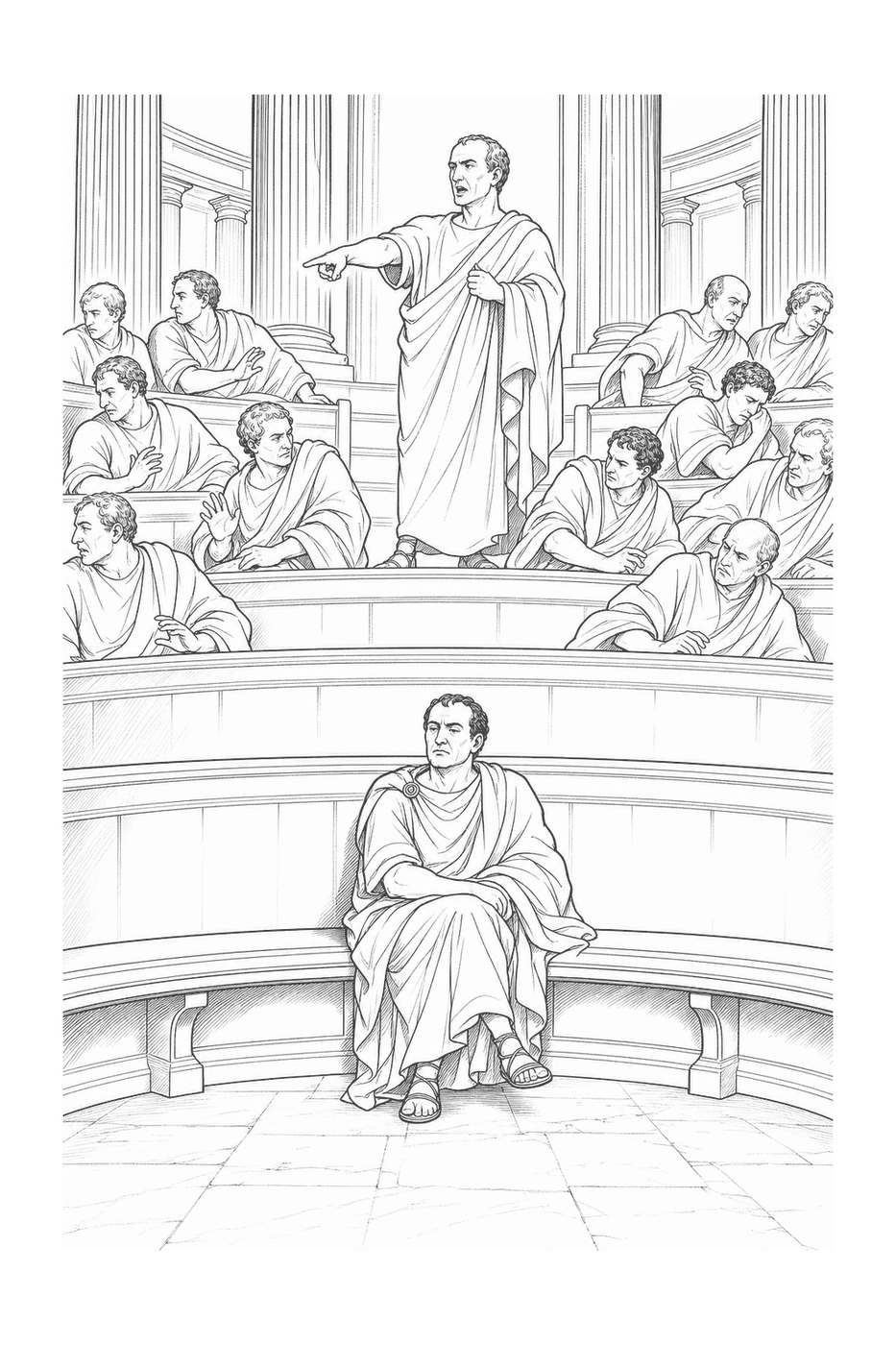 Cicero standing to denounce Catiline, who sits alone on an empty bench in the senate, in black-and-white line art