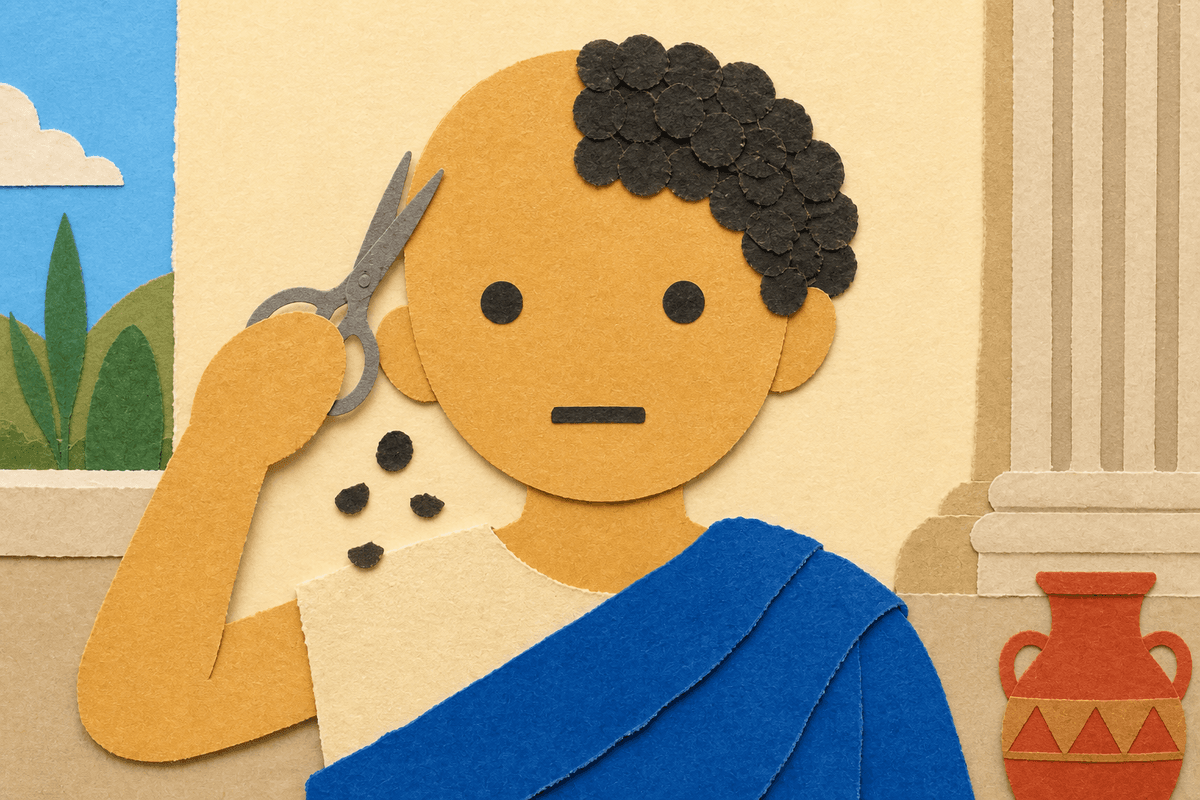 Young Demosthenes cutting off half his own hair with scissors, in cut-paper collage