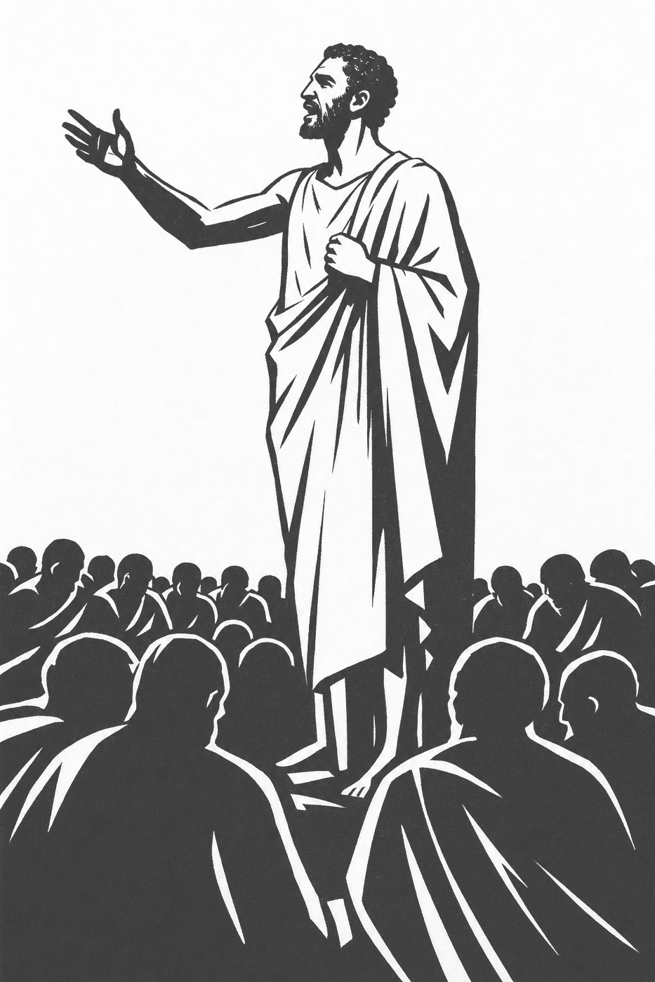 Demosthenes rising alone to speak above a silent seated crowd, in black-and-white woodcut