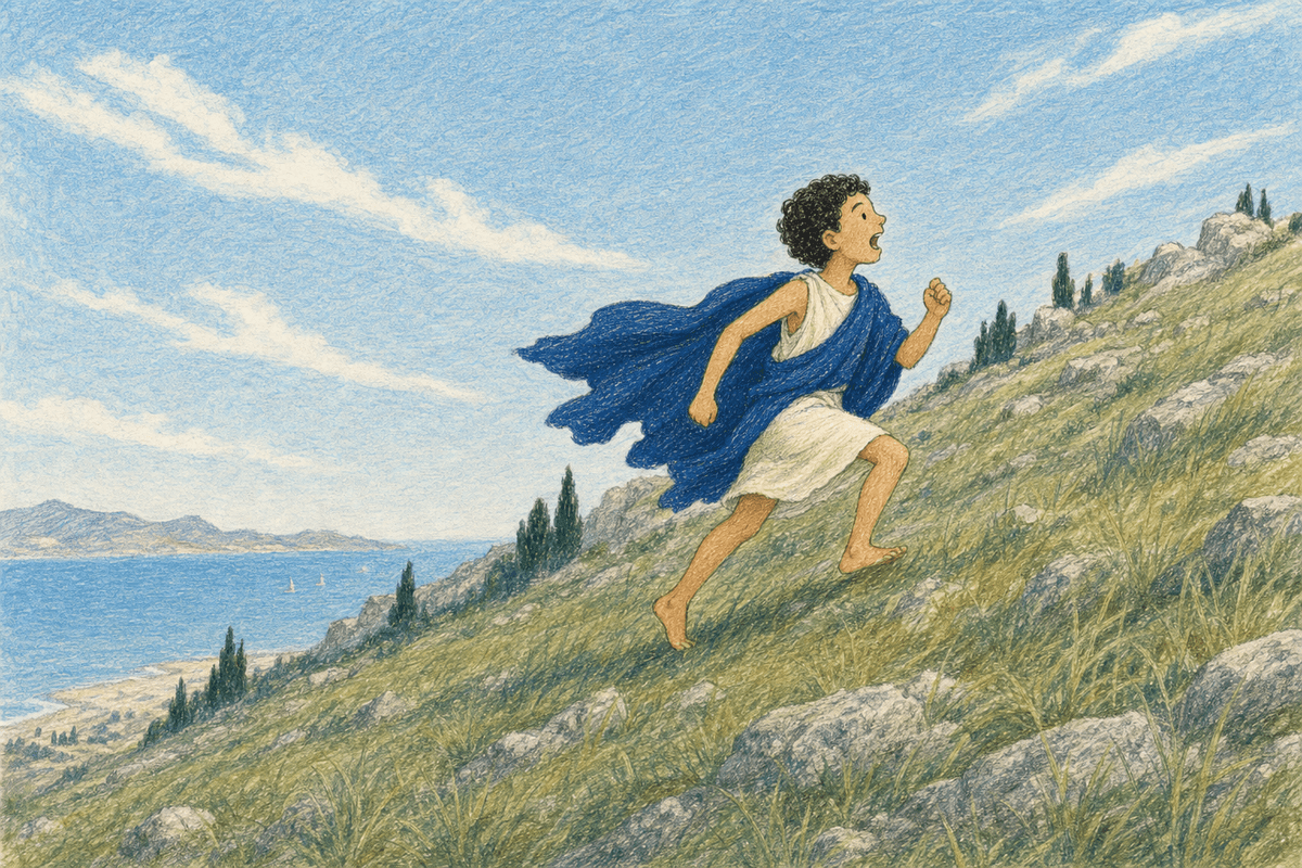 Young Demosthenes running up a steep hillside reciting, his blue cloak flying, in soft crayon