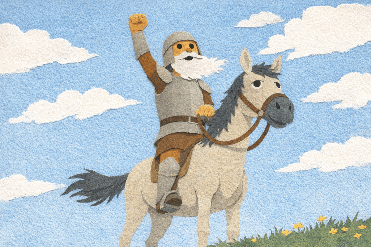 Don Quixote on his horse Rocinante with a fist raised against a big sky, in cut-paper collage