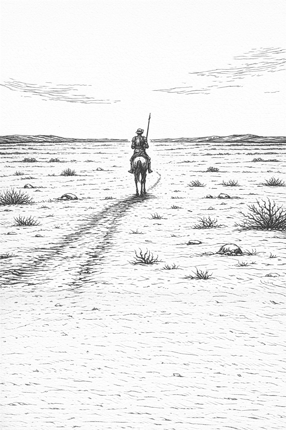 Don Quixote as a small lone figure with a lance on a vast empty plain, in black-and-white line art