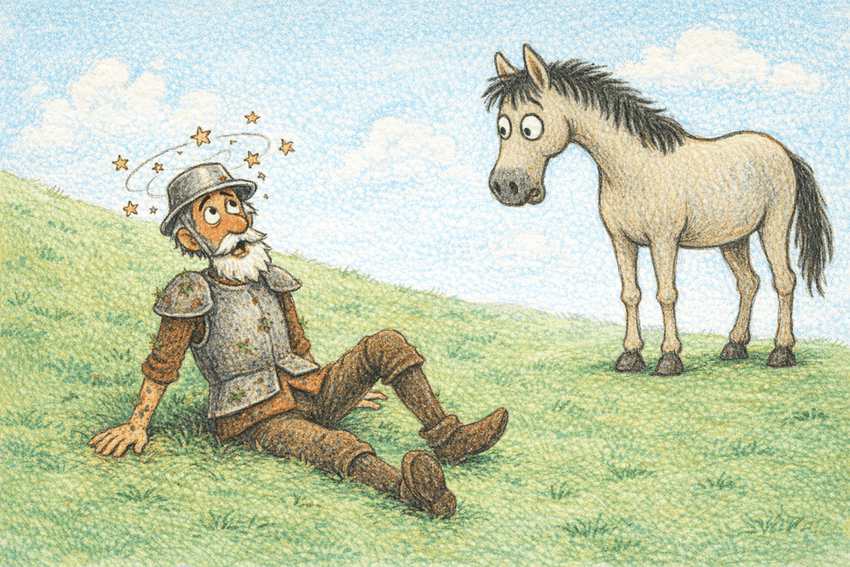 Don Quixote knocked flat on his back with stars spinning over his helmet as his horse looks on, in soft crayon