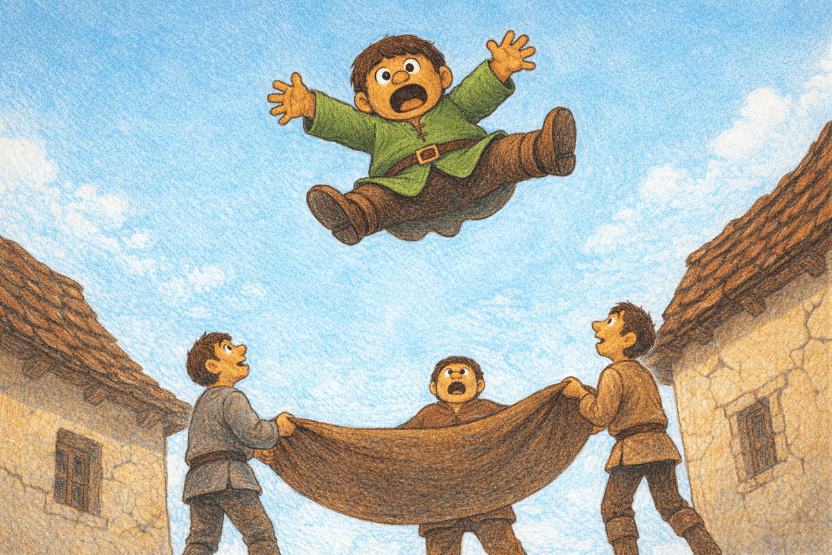 Sancho Panza tossed up in a blanket by laughing villagers, in soft crayon