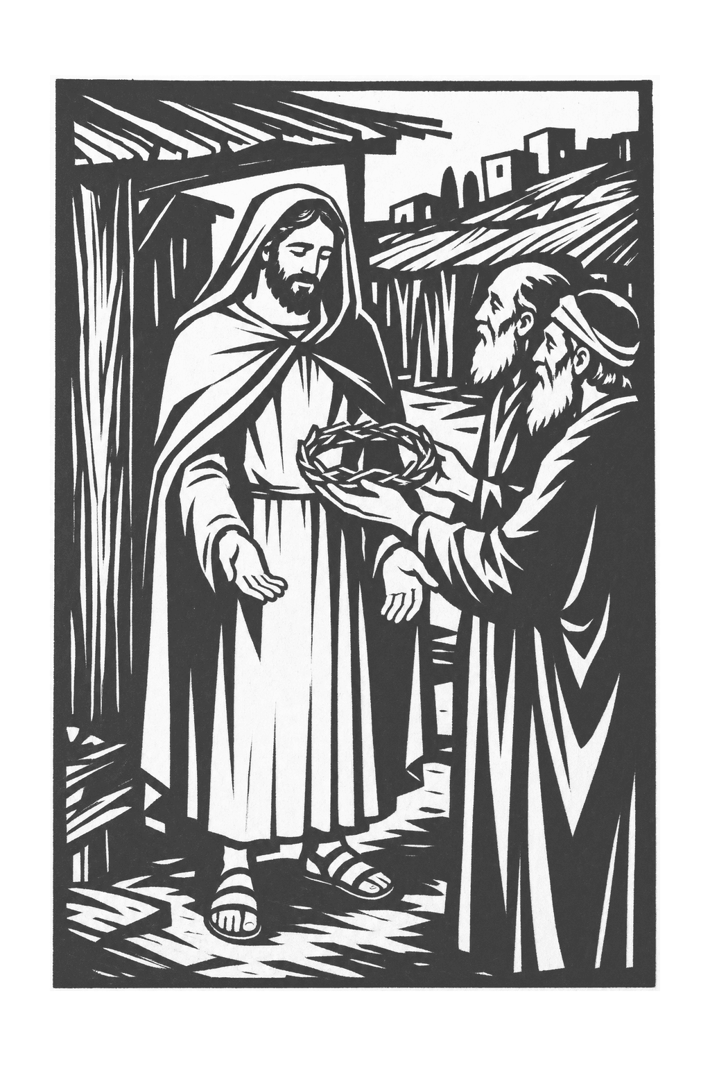 Numa offered the crown of Rome, the reluctant bloodless king, in dramatic woodcut
