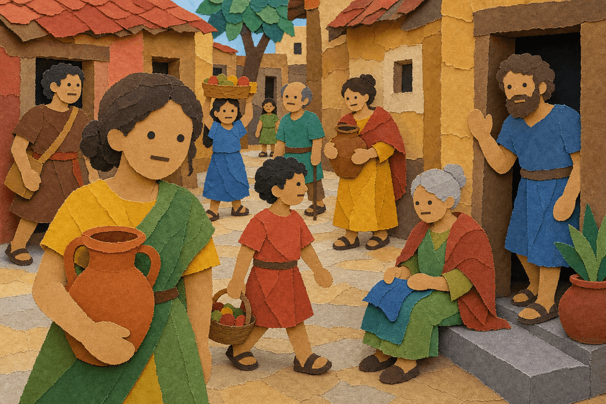 Numa's Rome, a busy street where every Roman family lives its own way, in cut-paper collage