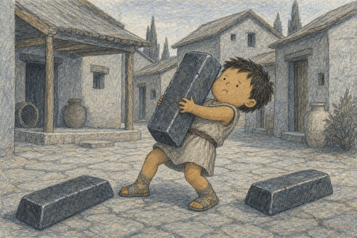 A Spartan boy struggling to carry a heavy iron bar, Sparta's money, in soft crayon