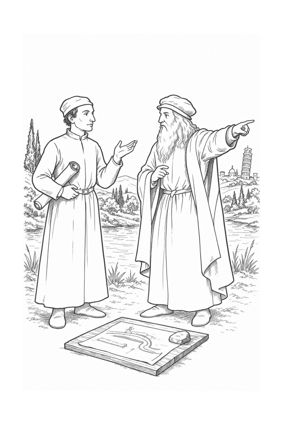 Niccolò Machiavelli and Leonardo da Vinci discussing a diagram to divert the river Arno, in black-and-white line art
