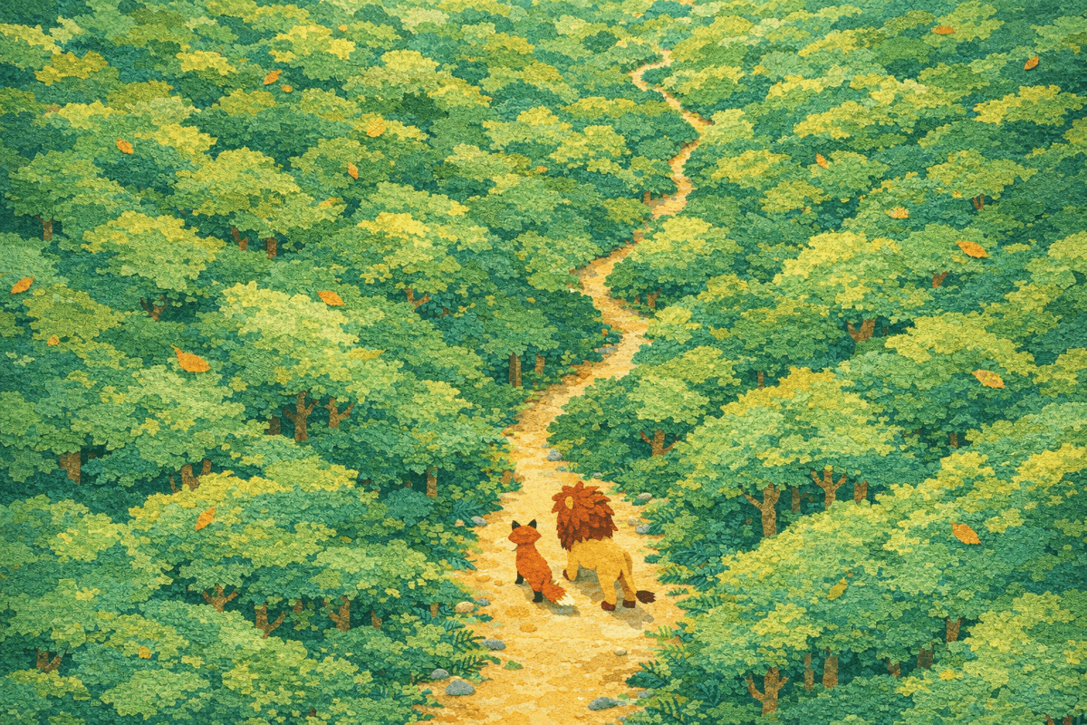 A clever fox and a brave lion setting out together along a forest path