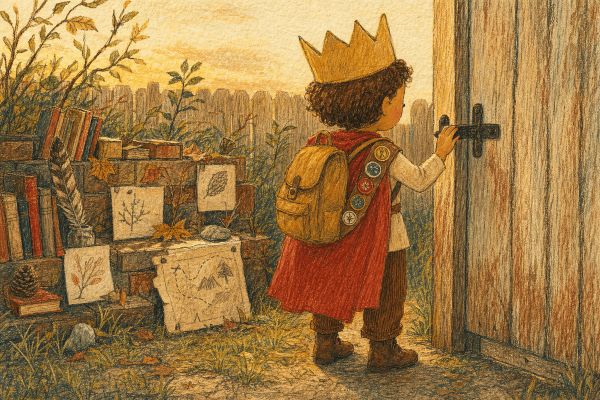 A child in a paper crown and cape opening a garden gate