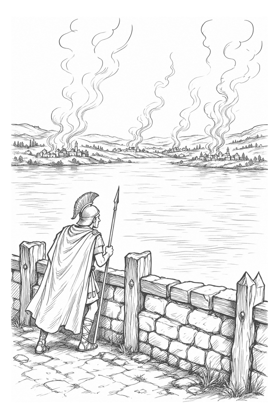 A Roman soldier on the frontier gazing across a river at smoking villages, in black-and-white line art