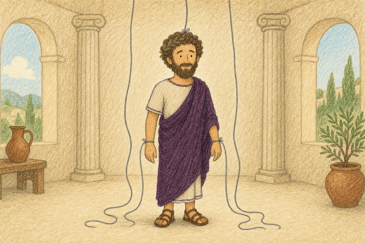 Marcus Aurelius with the cut puppet-strings of anger pooling at his feet, in soft crayon