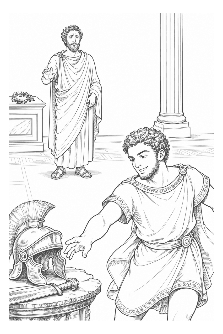 Marcus Aurelius watching his son Commodus reach past a laurel wreath for a warrior's helmet, in black-and-white line art