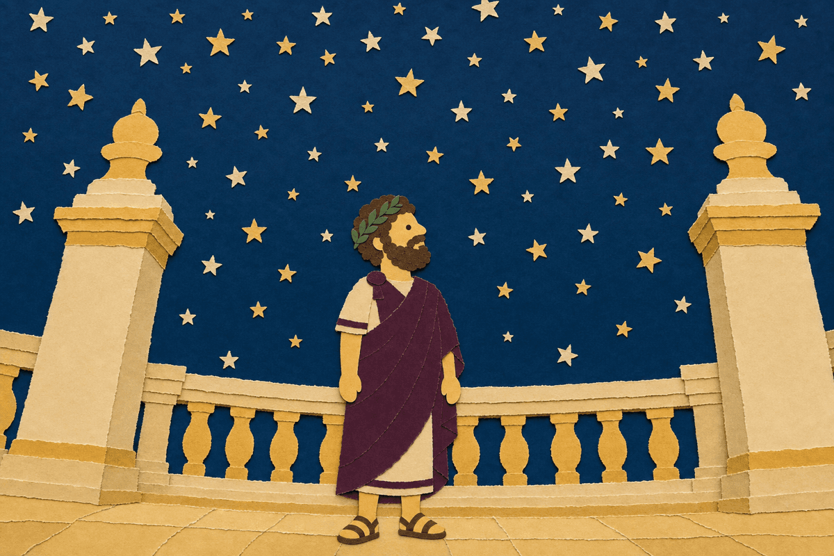 Marcus Aurelius standing on a terrace beneath a vast starry sky, in cut-paper collage