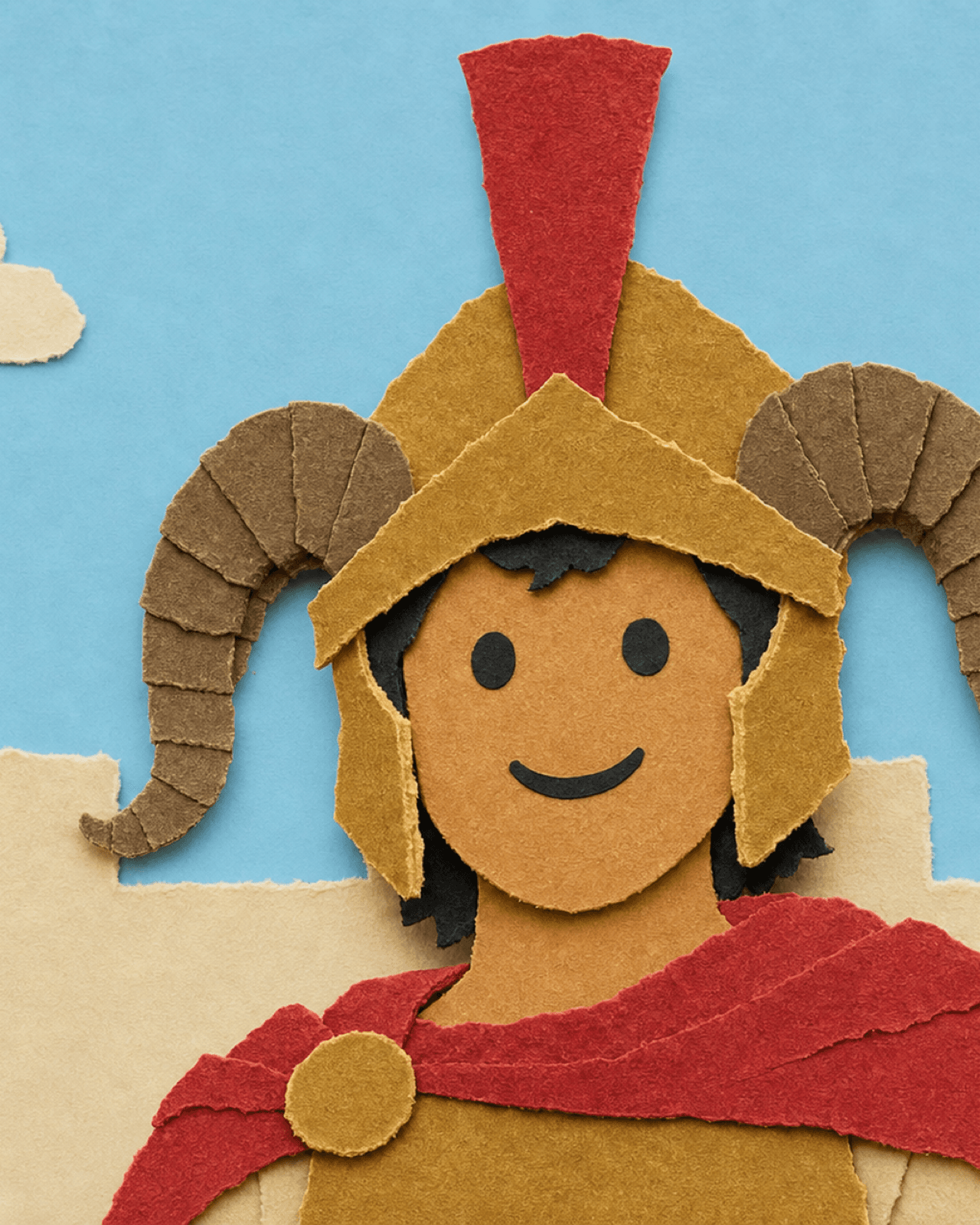 Pyrrhus in his goat-horn helmet leading his war elephants, in cut-paper collage