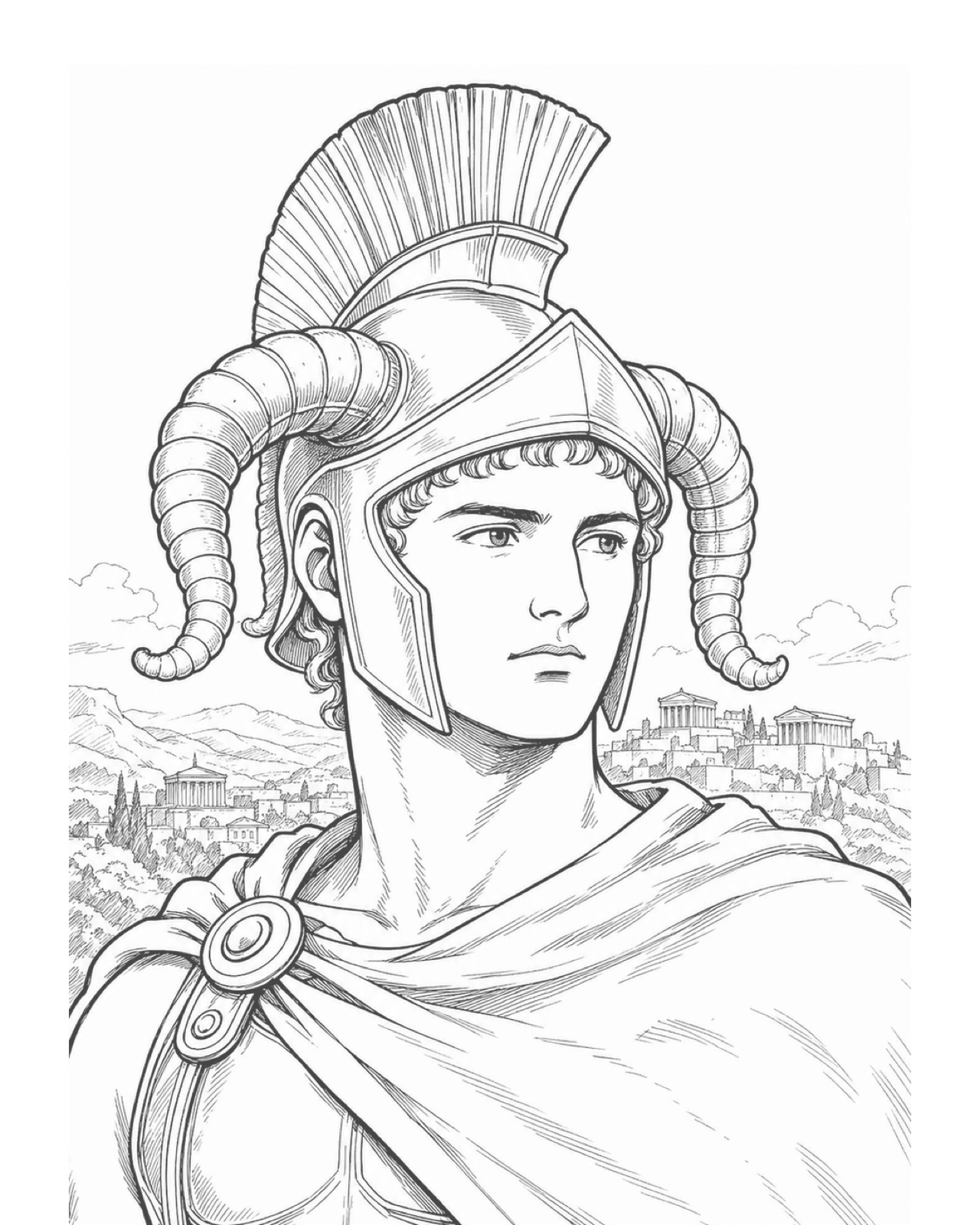 Pyrrhus, the Greek king, in black-and-white line art