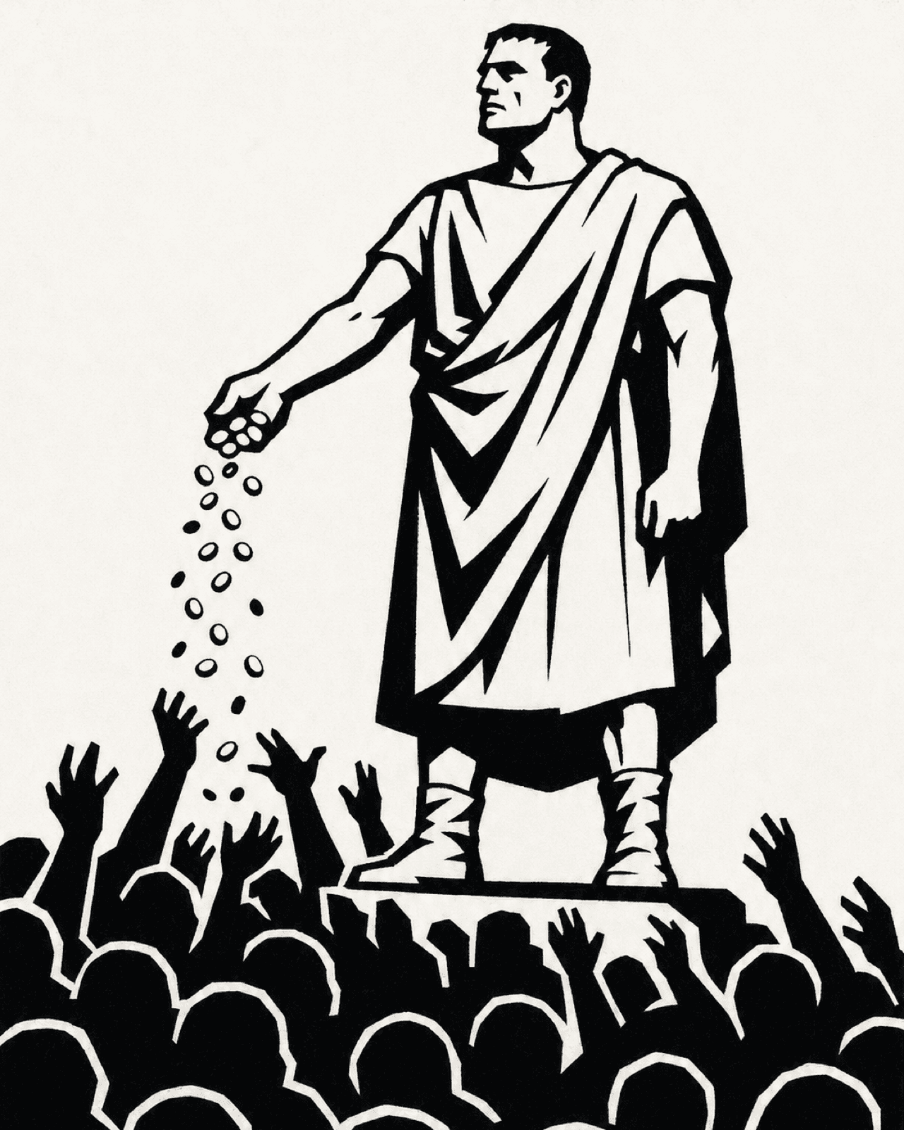 Marius before the crowd of Rome, in black-and-white woodcut