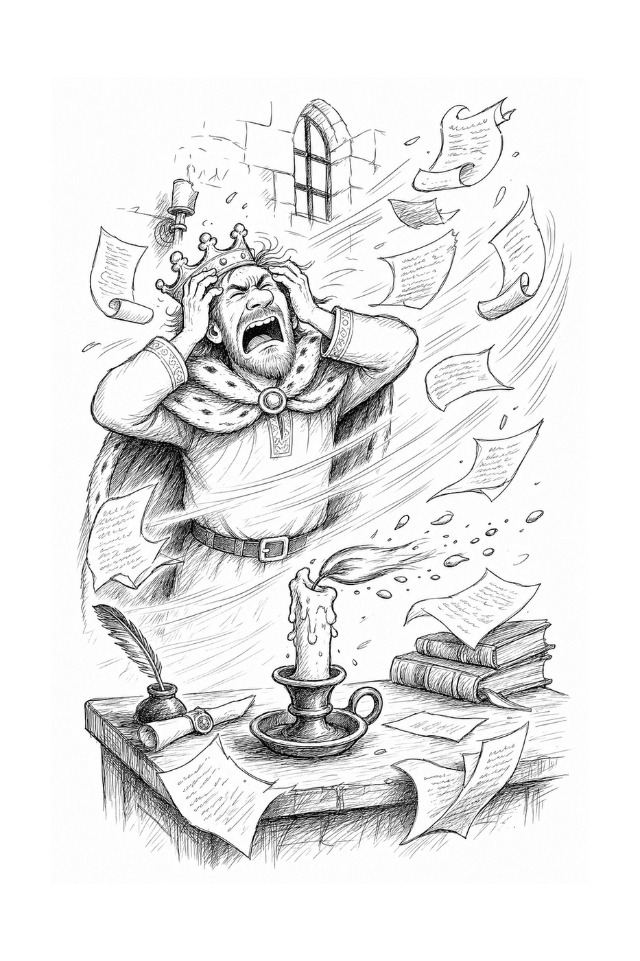 Alfred the Great overwhelmed as papers swirl around his candlelit desk
