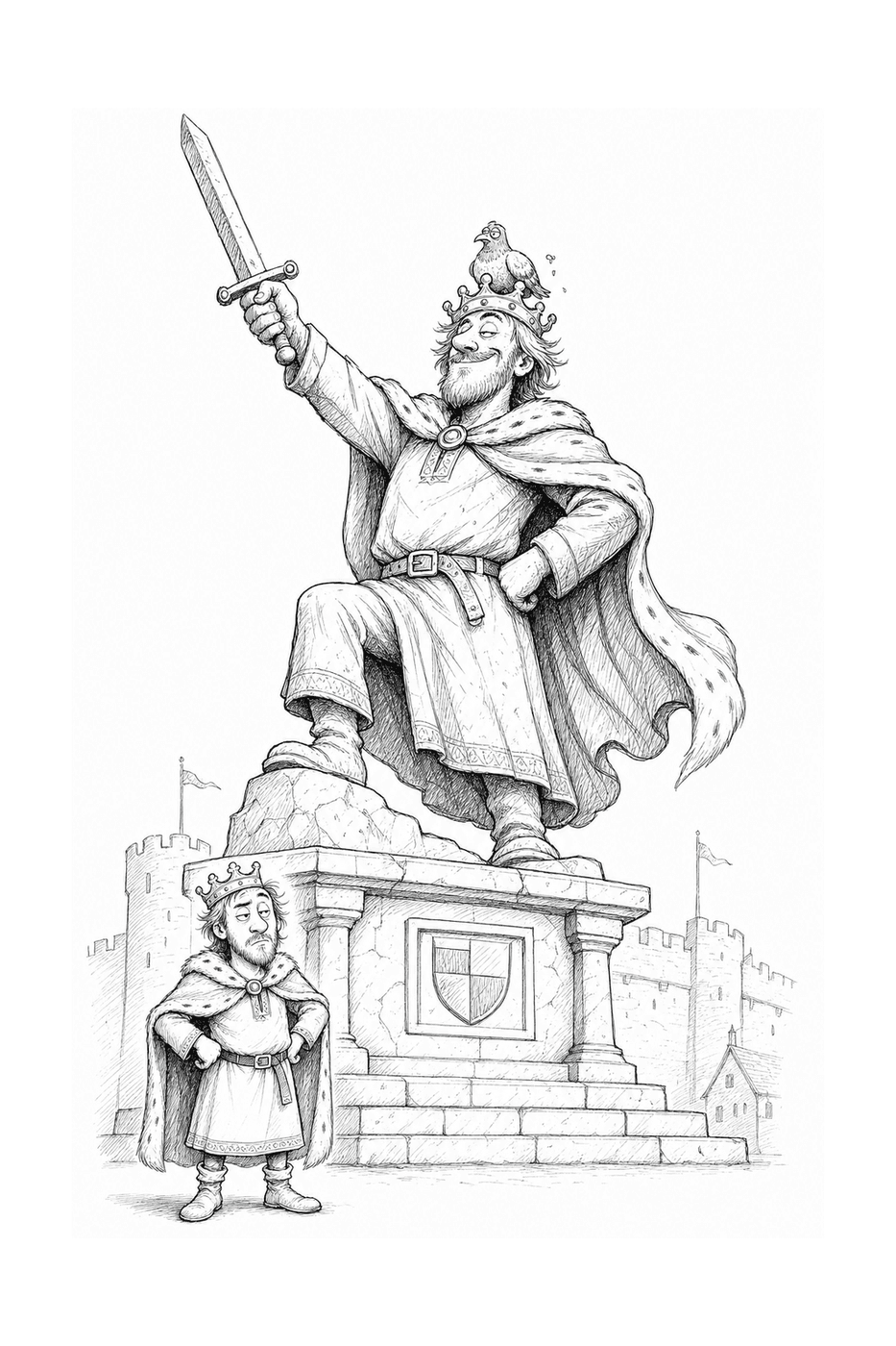 A towering heroic statue of Alfred raising a sword, with the real, smaller, bookish king standing beside it