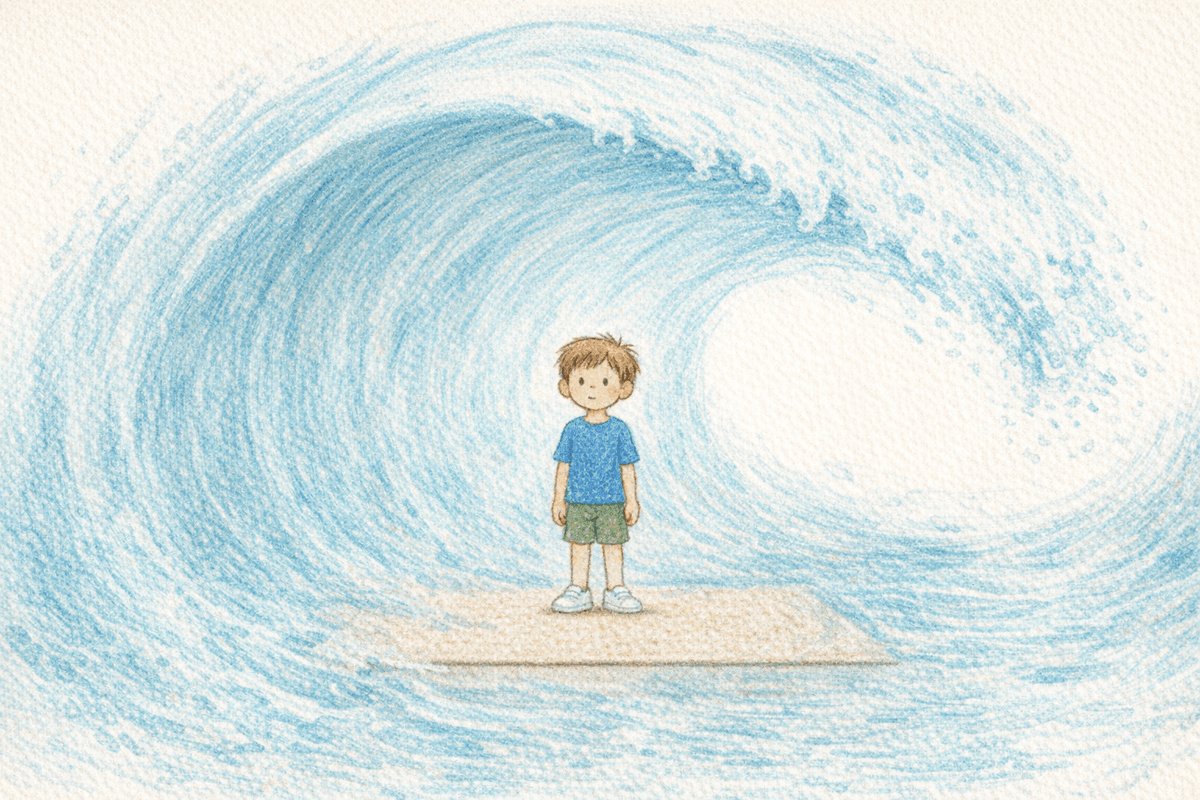 A child standing calmly on a small raft before a towering curling wave, in soft crayon