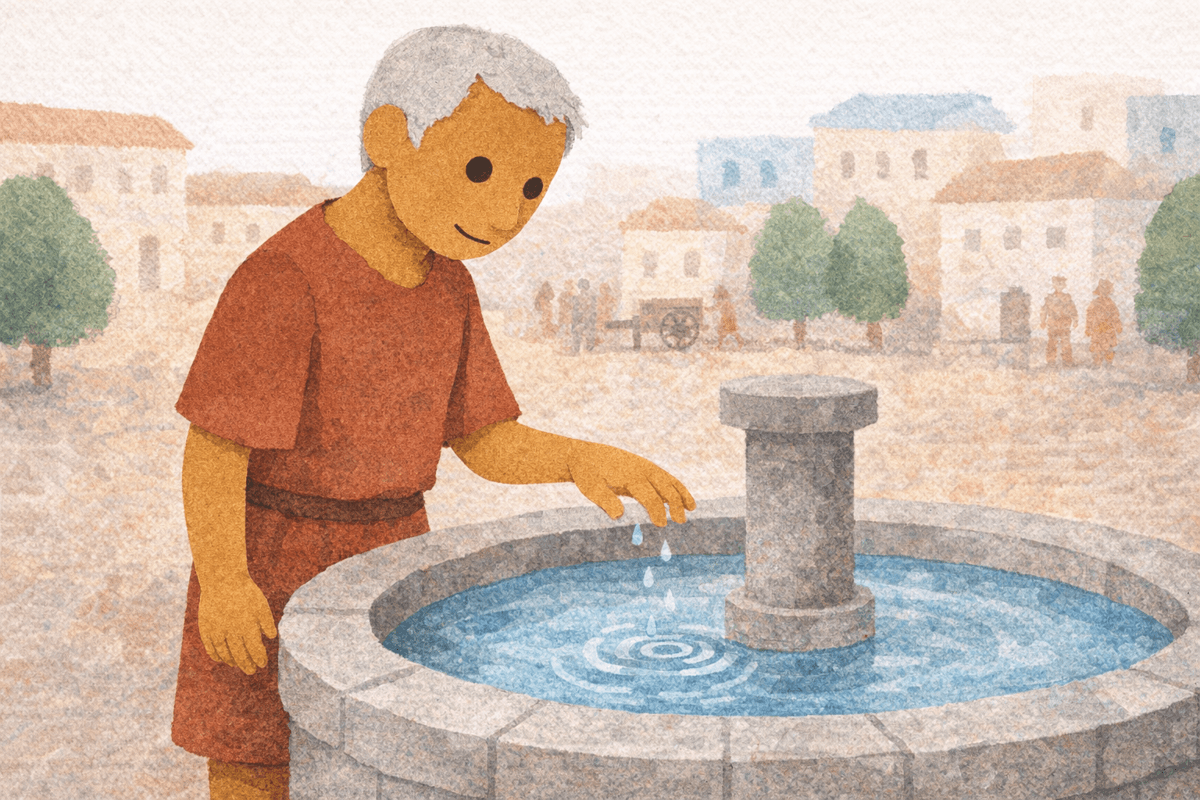 A man calmly watching water fall from a fountain in a sunlit square