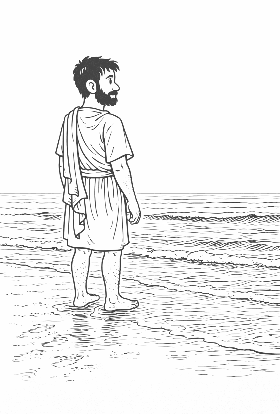 Zeno of Citium standing alone on the shore after his shipwreck, in black-and-white line art