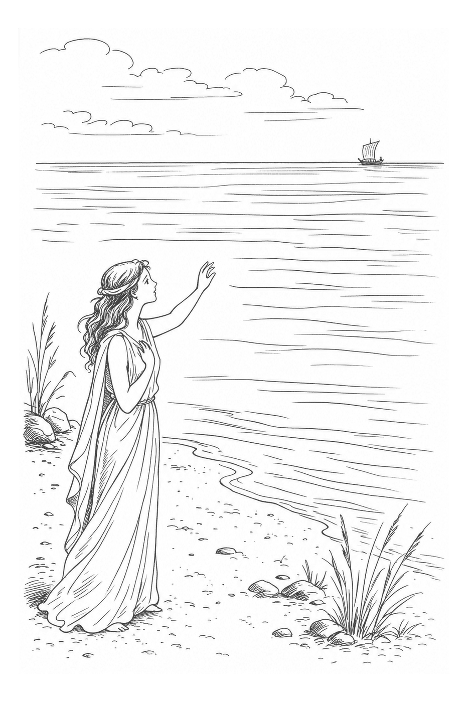 A woman on a shore reaching toward a distant sailing ship, in black-and-white line art