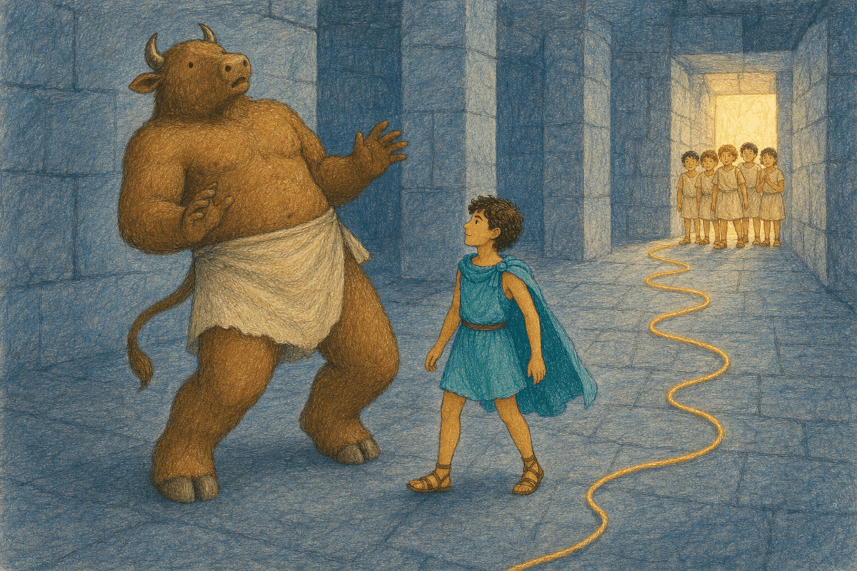 Theseus facing the Minotaur in the torchlit maze with a thread trailing behind him, in soft crayon