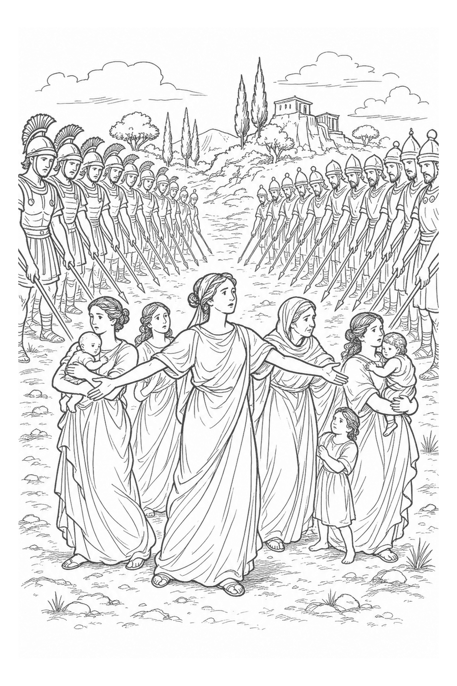 The Sabine women stepping between two armies to stop the fighting, in black-and-white line art