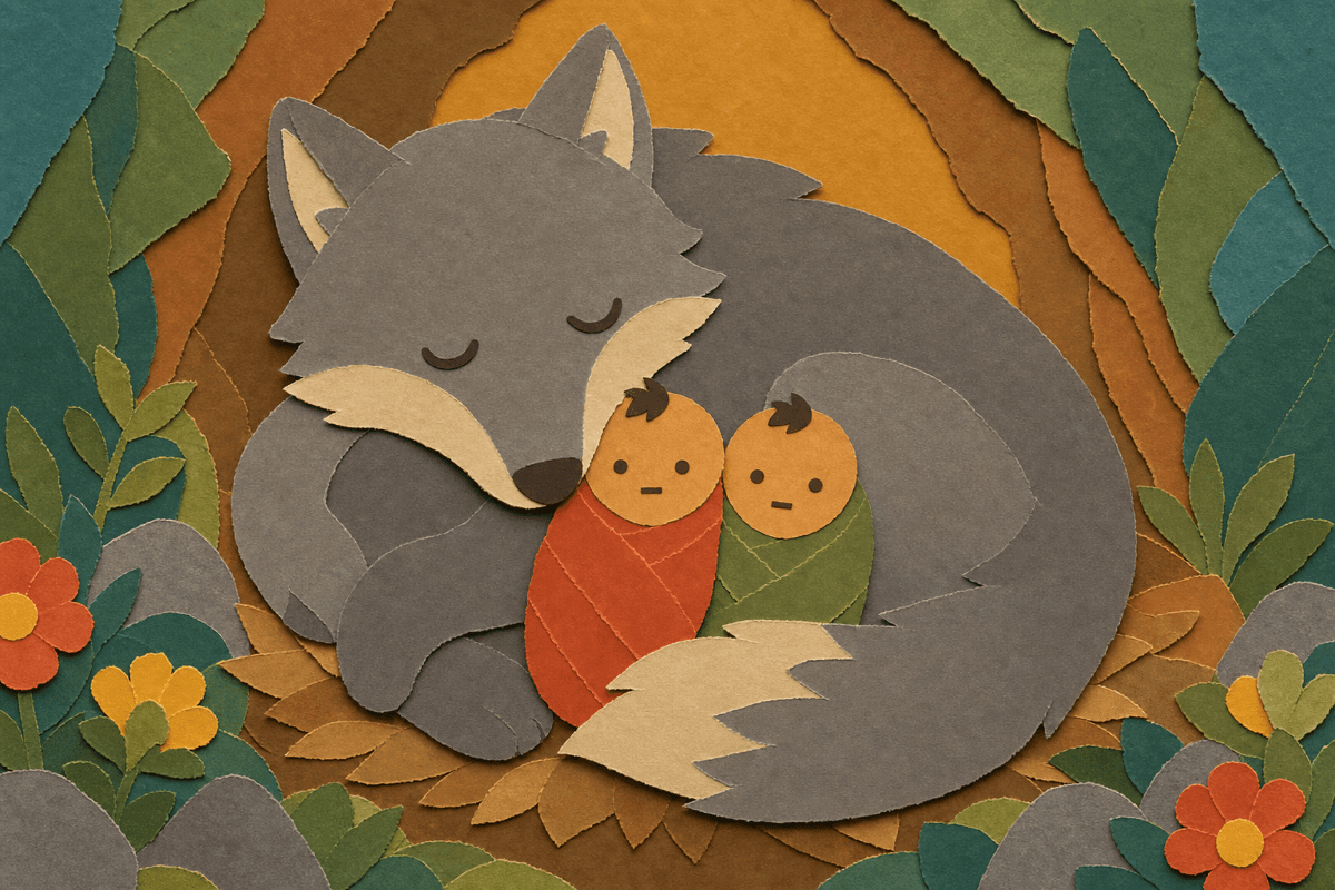 The she-wolf curled around the infant twins Romulus and Remus in a cut-paper collage illustration