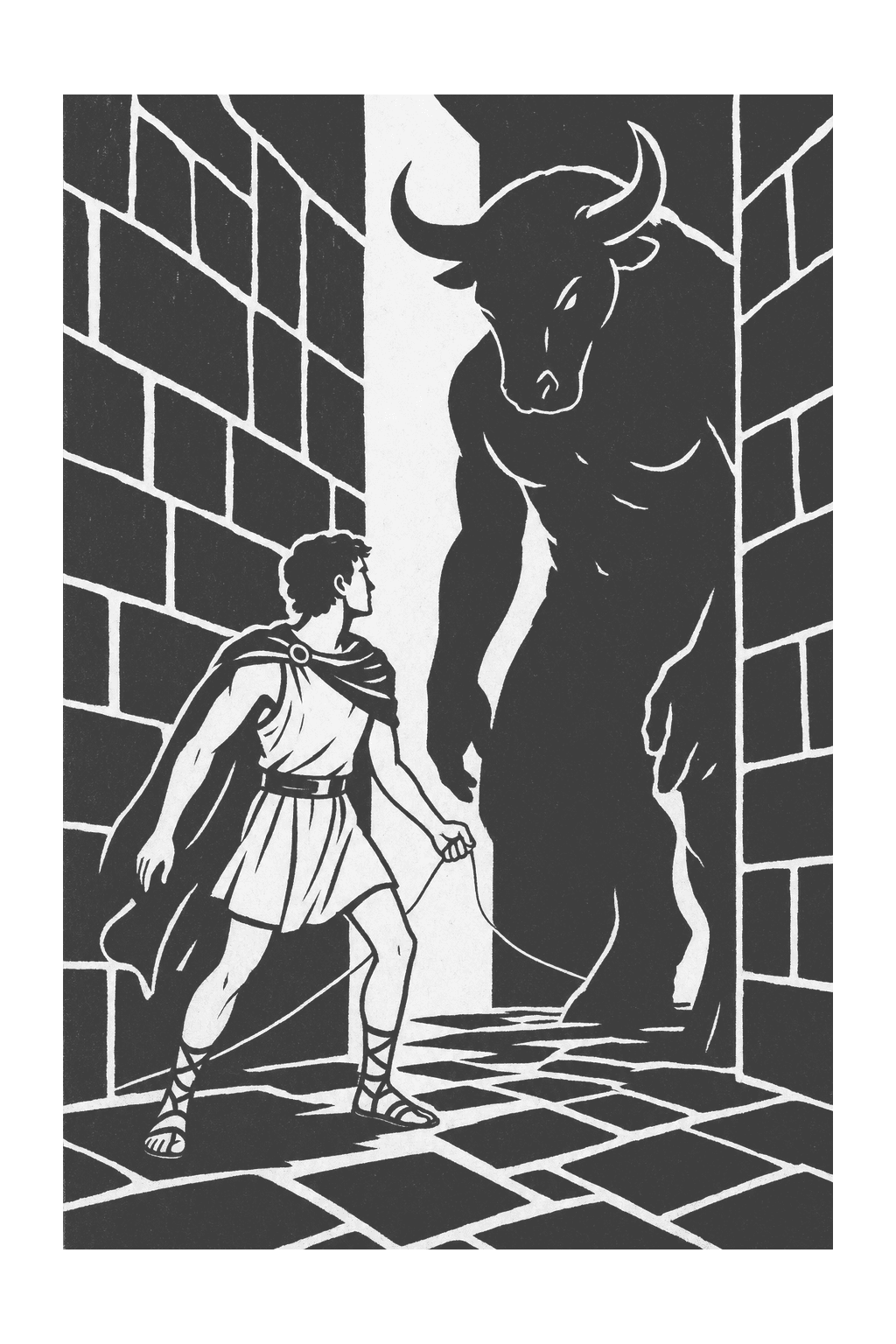 Theseus confronting the towering Minotaur in a stark black-and-white woodcut