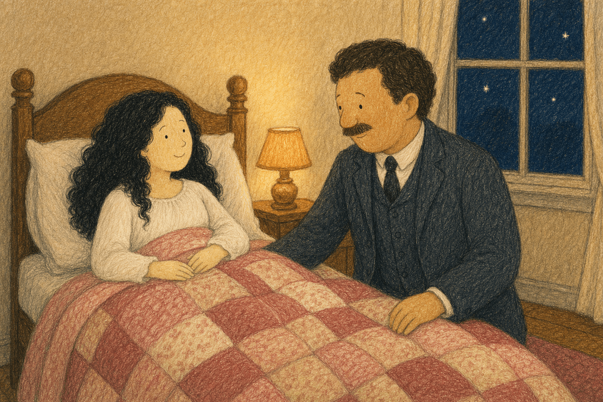 A father sitting at his daughter's bedside by lamplight with a starry window behind, in soft crayon
