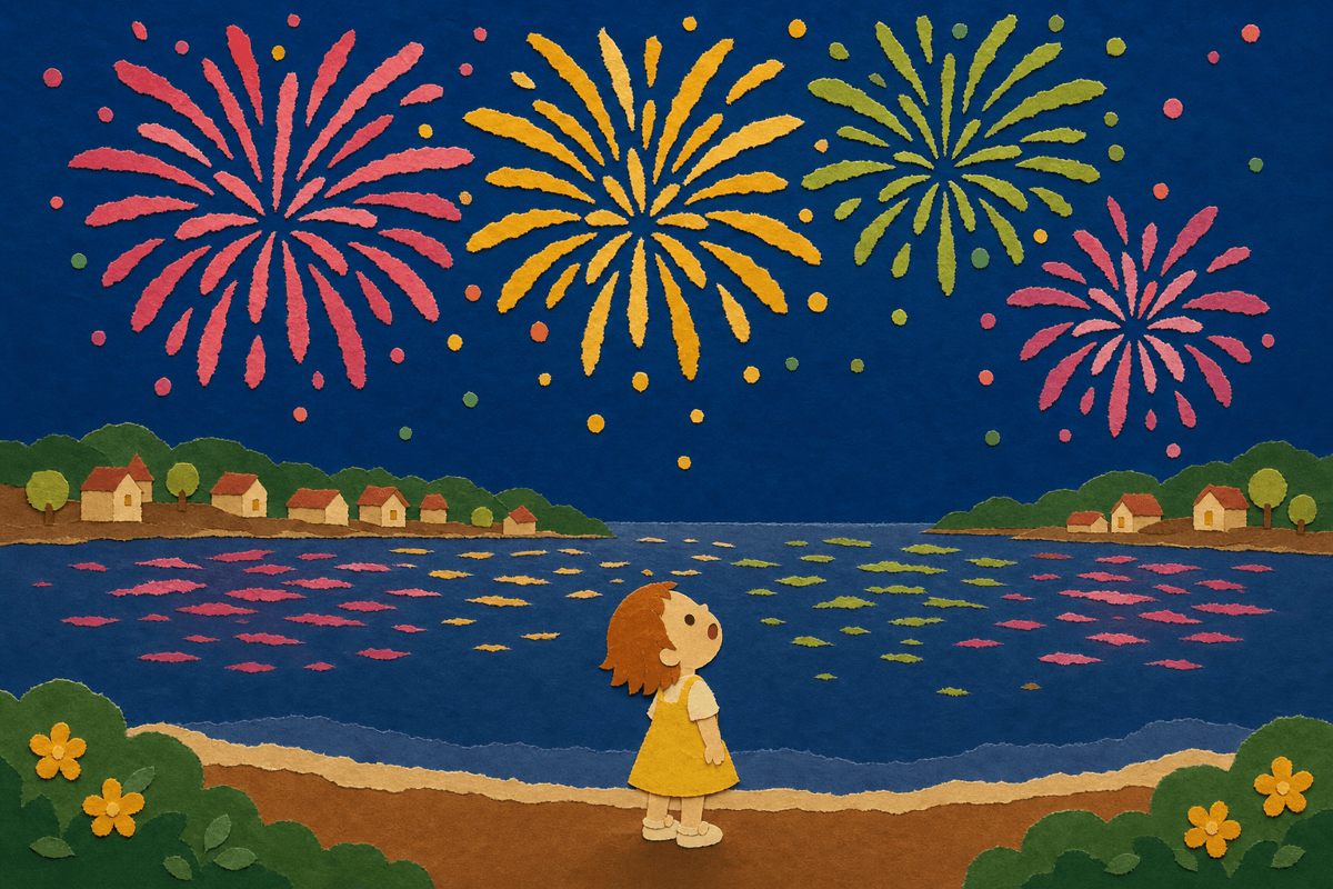 A little girl watching fireworks bloom over the bay, in cut-paper collage