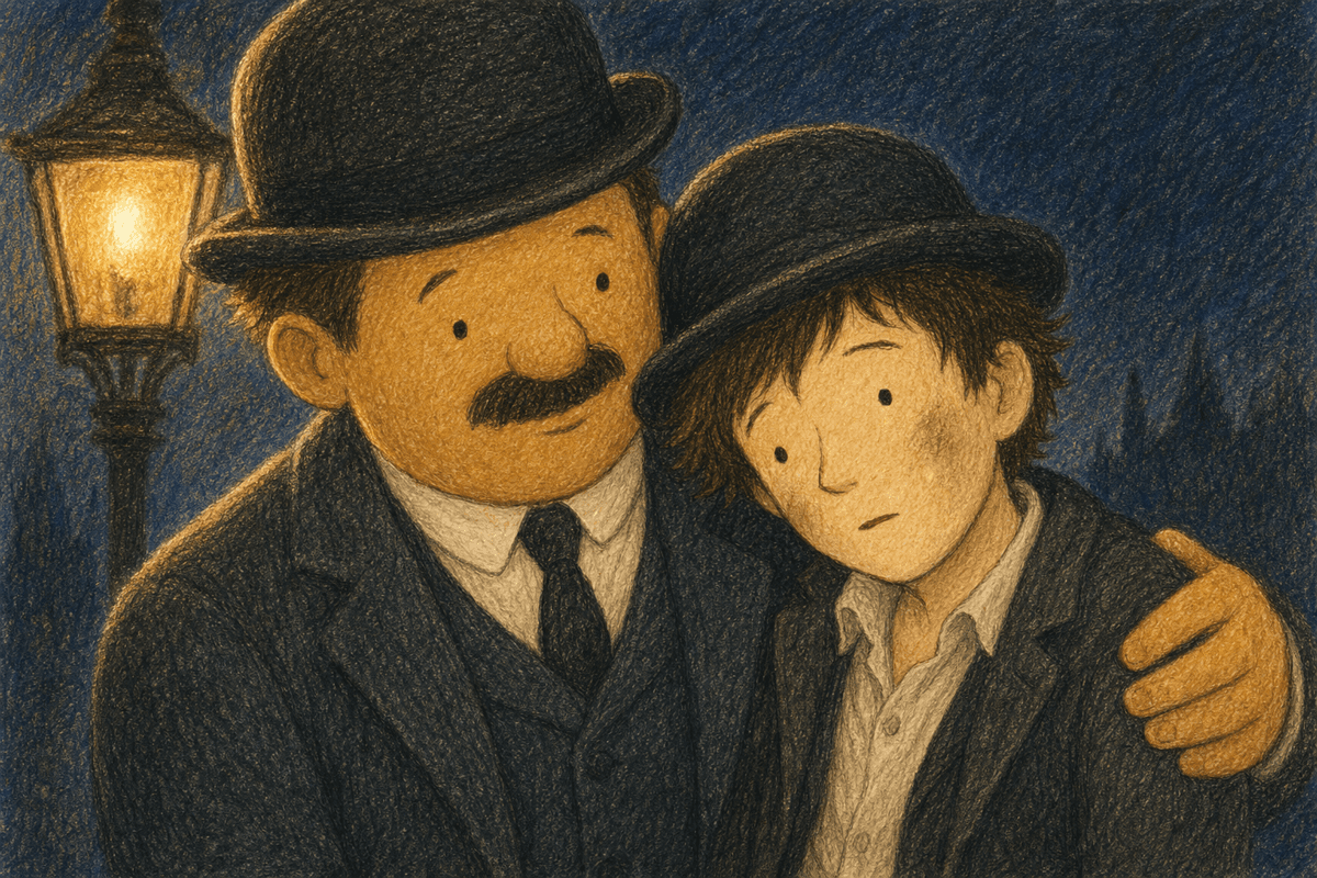 Kind Mr. Bloom walking a lost young man home under a streetlamp with an arm around his shoulders, in soft crayon