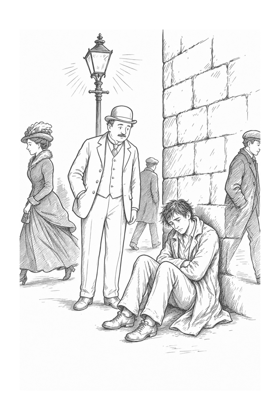 Mr. Bloom pausing beside a young man slumped against a wall under a streetlamp while passers-by walk on, in black-and-white line art